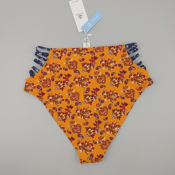 Womens Bikini Bottom Medium Orange Paisley High Waist Strappy Sides Boho Chic - Picture 4 of 9